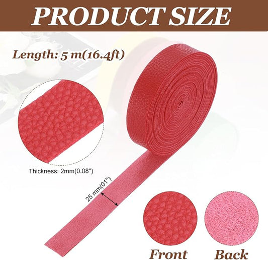 MECCANIXITY Faux Leather Strap, 1" Width x 197" Long Grained Leather Belt Strip Trim Roll for DIY Craft Projects, Pet Collars, Traction Ropes, Bag Straps, Hobby Workshop (Red)