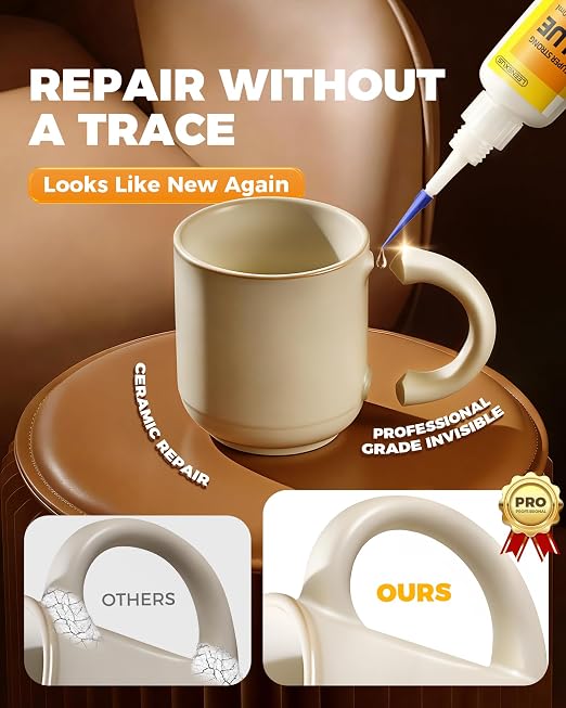 Super Glue for Ceramic – 40ML Liquid CA Adhesive | Heavy Duty Instant Bond, Waterproof Clear Repair with 6 Precision Tips for Porcelain, Pottery, China, Stoneware, Clay & More