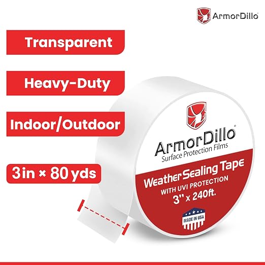 ArmorDillo Transparent Window Weather Sealing Tape, w Free Utility Knife, 3 inch X 240FT (80 YDS) - Clear Weather Stripping Tape, Draft Isolation & Insulation, No Residue, for Windows, Doors, AC & RV