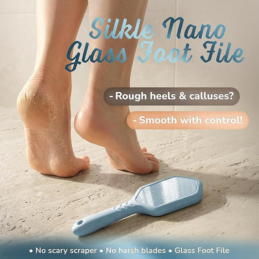 SILKLE Nano Glass Foot File - Silicone Foot Callus Remover for Feet and Cracked Heels - Heel Scraper for Dead Skin - Ergonomic Foot Scrubber & Exfoliator for Shower with Non-Slip Grip - Blue