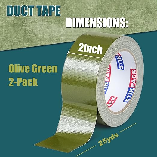 Colored Duct Tape, 2 Rolls Heavy Duty Olive Green Duct Tape 9 Mil x 2 Inch x 25 Yards Flexible, Strong, No Residue, Waterproof and Tear by Hand, Multi-Use for Indoor & Outdoor Repairs