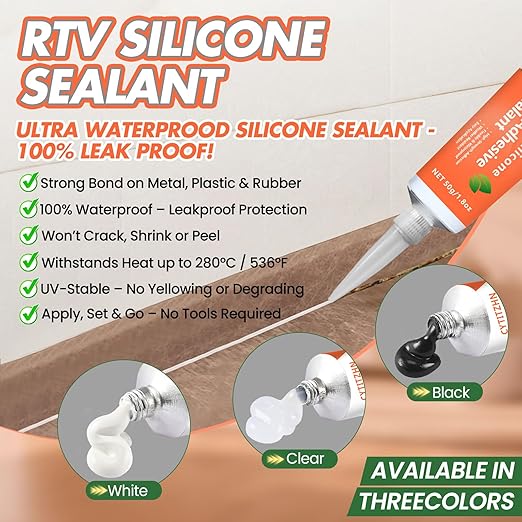 RTV Silicone Sealant Adhesive, 100% Waterproof Silicone Caulk, Strong Adhesion, Shrink & Crack Resistant, All-Purpose Caulk for Car, Kitchen, Bathroom, Window & Door Sealing – 1.8 Oz (White)