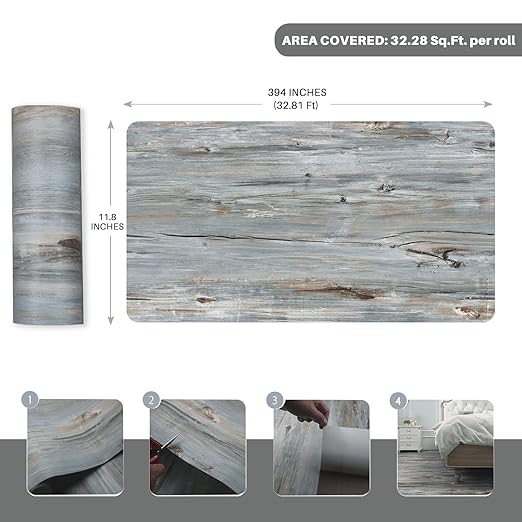 Wood Grain Peel and Stick Floor Tiles – 11.8” Width, Full Roll Length of 394" – Versatile Design for Any Space, Sunwashed Blue Self Adhesive Vinyl Flooring, Waterproof and Non-Slip Features