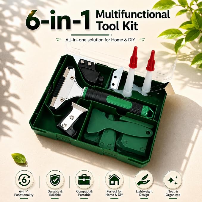 6-in-1 Caulking Tool & Caulk Remover Kit with Dual-End Multi-Function Handle – Grout Scraper, Silicone & Acrylic Sealant Remover for Bathroom, Kitchen & Tile Sealing.