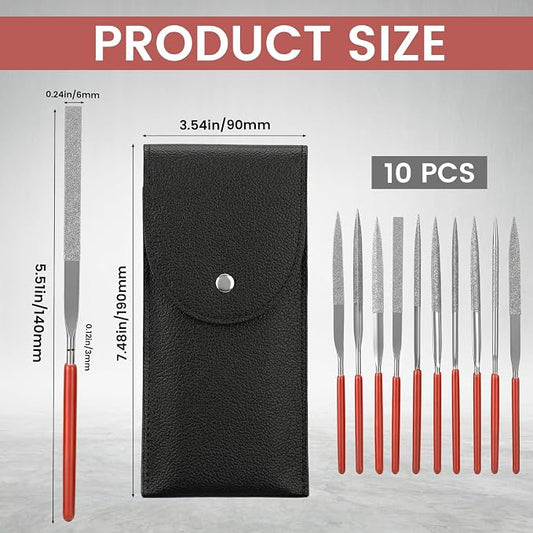 11 Pcs Mini Diamond Needle File Set Small Metal Riffler Files Jewelers File Precision Hand Tools with Leather Case for Glass Wood Stone Jewelry Plastic Carving Round Triangular Square Flat Shape