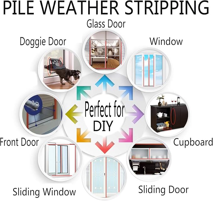 Window Weather Stripping Brush for Sliding Door Frame, Pile Self Adhesive Weather Strip Seal Strip Sealer Soundproofing (65ft x11/32 Backing x 3/16 Brush inch, Black)