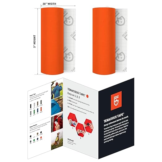 GEAR AID Tenacious Tape 3” x 20” Micro-Ripstop Fabric Gear Repair Tape, Fix Holes and Rips in Puffy Jackets, Rain Gear, Tents, Sleeping Bags and Outdoor Equipment, Orange, 2 Rolls