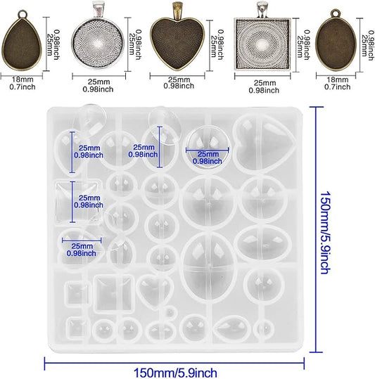 HOMEIDOL Resin Jewelry Molds Pendant Trays Making Kit with 30pcs 5 Styles Metal Pendants and 1pc Silicone Epoxy Casting Mold for Pendant Crafting DIY Gifts