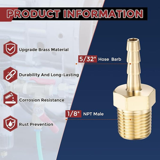 Pack of 8 Brass Hose Barb Fittings Adapter Connector 5/32" Hose Barb to 1/8" NPT Male Fittings for Home Machines, Massage Bathtubs, and Irrigation Systems