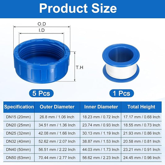 uxcell 5Pcs 1-1/2 Inch PT Female Thread PVC Pipe Fitting Cap, Cleanout Water Drain End Caps, Pipe Plug Socket Fittings with Tape for Water Heater Supply Lines, Plumbing, Blue