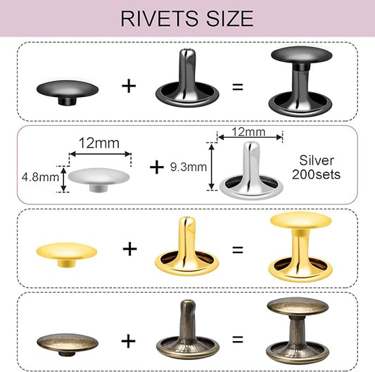 CooBigo 200Sets 12mm Double Round Cap Leather Rivets, Tubular Metal Rivets Spikes Studs, Leather Rivets for Leather Key Fob Clothing Pets Collar Boots Bags Belt Repair and Decoration (Silver)
