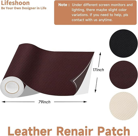 Lifeshoon Leather Repair Patch, 17X79 Inch Breathable Perforated Self Adhesive Leather Repair Tape, Large Vinyl Patch Kits for Couch, Furniture, Sofa, Car Seat, Chairs (Dark Brown, 17X79 Inch)