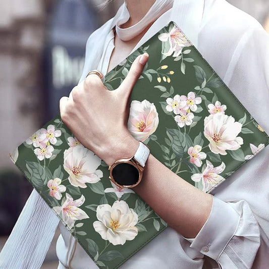Portfolio Case for Women, Padfolio Cover for Girls, Conference/Resume/Legal Document Organizer with Letter/A4 Size Clipboard Hardboard, Business Card Holders, Green Flower