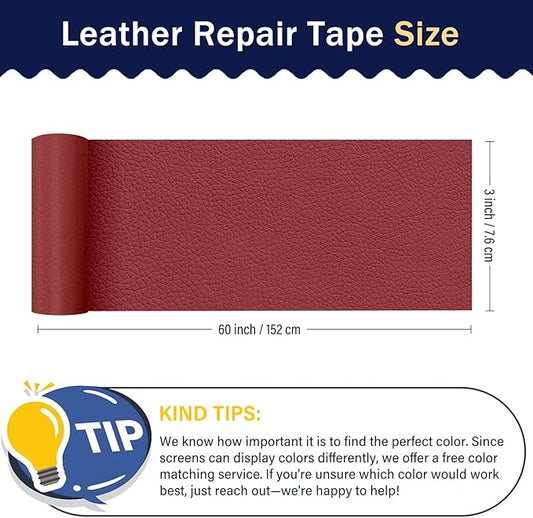 Zenyao Leather Repair Patch Tape - Self Adhesive Leather Repair Kit for Car Seat Furniture, Heavy Duty Vinyl Repair Patch for Couch Sofa, Waterproof for Rips Scratches Tears, 3x60 Inch Roll, Red