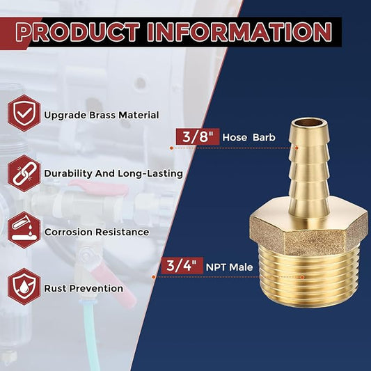 Pack of 8 Brass Hose Barb Fittings Adapter Connector 3/8" Hose Barb to 3/4" NPT Male Fittings for Home Machines, Massage Bathtubs, and Irrigation Systems