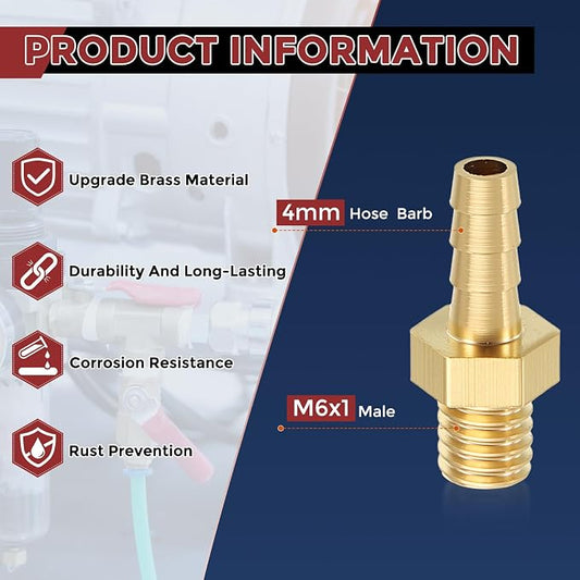 Pack of 10 Brass Hose Barb Fittings Adapter Connector 4mm Hose Barb to M6x1 Male Fittings for Home Machines, Massage Bathtubs, and Irrigation Systems