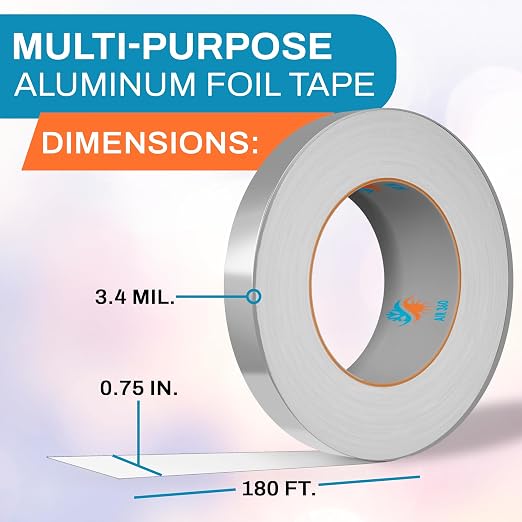 Aluminum 0,75" x 180 ft High Temperature Foil Duct Tape, HVAC Cold Weather 3/4" AC Tape, Waterproof Fire Proof Metal Tape for Air Conditioner, Thick Flex Duct Tape for Vent Repair, Pipe Insulation