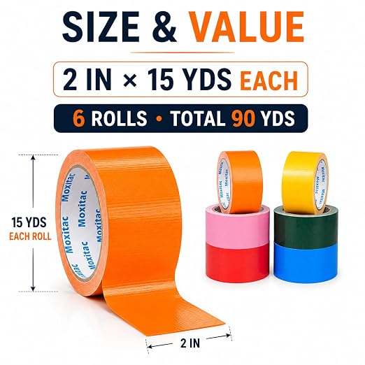 Colored Duct Tape Heavy Duty, 6 Rolls Rainbow Cloth Tape, 2 Inch x 15 Yards Each, PE Coated Cloth Tape, Easy Tear, Water-Resistant Surface for Crafts, Packaging, Marking and Color Coding