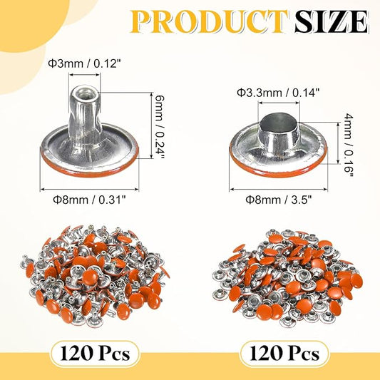 uxcell 120 Sets Leather Rivets, 8mm Double Cap Rivets, 6mm Height Tubular Metal Studs for Leather Craft Repair and Decoration DIY Clothes, Shoes, Bags, Belts, Orange