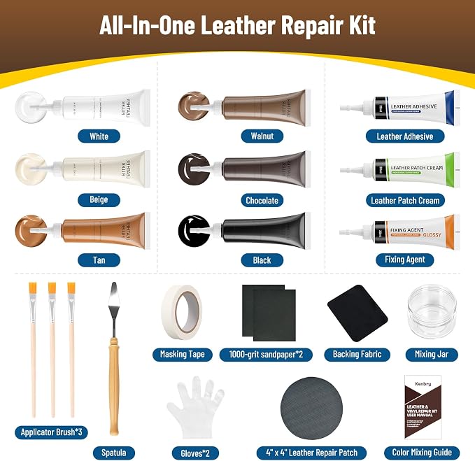 Kenbry Leather Repair Kit, Vinyl Repair Kit for Car Seat, Couch & Furniture, Leather Filler & Scratch Repair for Auto Interior, Leather & Vinyl Restoration