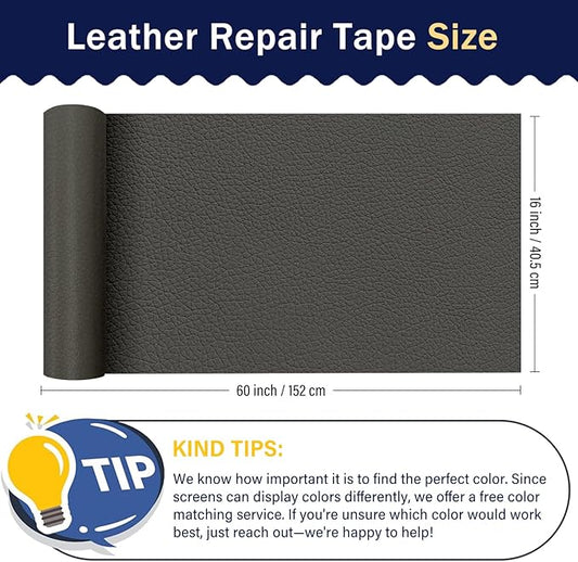 Zenyao Leather Repair Patch Tape - Self Adhesive Leather Repair Kit for Car Seat Furniture, Heavy Duty Vinyl Repair Patch for Couch Sofa, Waterproof Fix for Tears, 16x60 Inch Roll, Dark Grey