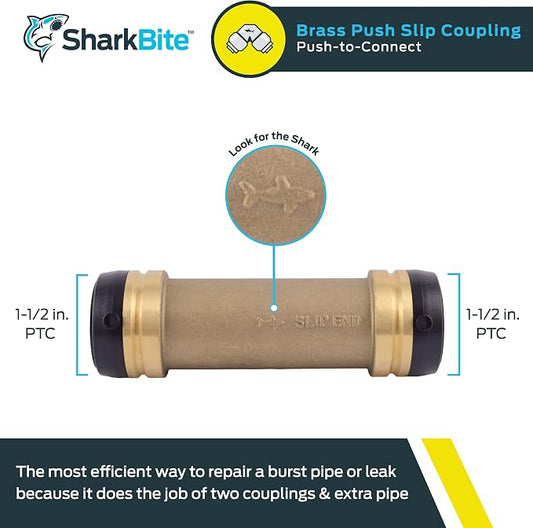 SharkBite 1-1/2 x 1-1/2 in Slip Coupling, Push-to-Connect Brass Plumbing Fitting, UXL0641