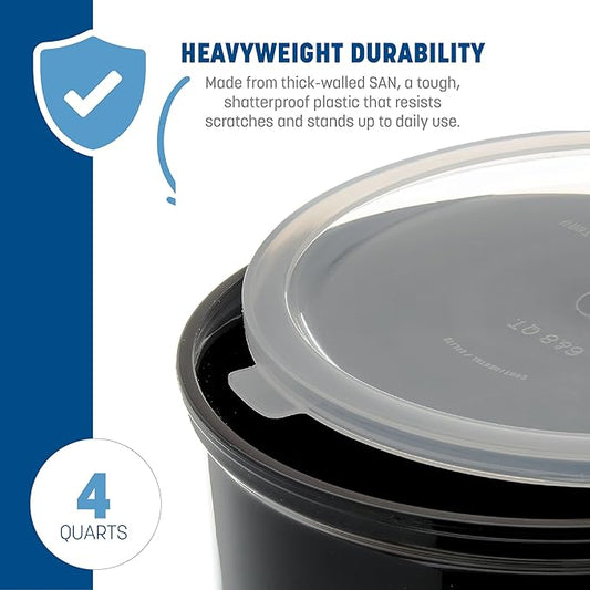 Carlisle FoodService Products Classic Round Storage Container Crock with Lid for Kitchen, Restaurants, Home, Plastic, 4 Quarts, Black, (Pack of 6)