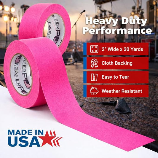 Professional Gaffer Tape – Made in USA, Heavy Duty, Non-Reflective Cloth Tape for Floor Marking, Stage, Film & Events – 2 Inch x 30 Yards, Fluorescent Pink