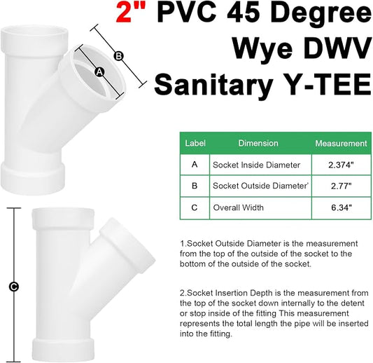 2Pack 2" PVC 45 Degree Wye DWV Pipe Fittings (Socket x Socket x S) SCH40 PVC DWV Sanitary Y-TEE Pipe Fittings Connectors for Drain, Waste, Vent