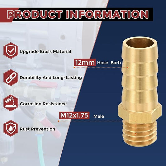 Pack of 2 Brass Hose Barb Fittings 12mm Hose Barb to M12x1.75 Male Fittings for Home Machines, Massage Bathtubs, and Irrigation Systems