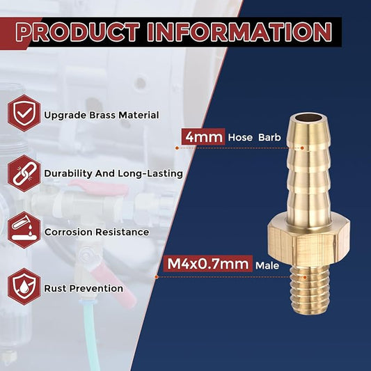 Pack of 8 Brass Hose Barb Fittings Adapter Connector 4mm Hose Barb to M4x0.7mm Male Fittings for Home Machines, Massage Bathtubs, and Irrigation Systems