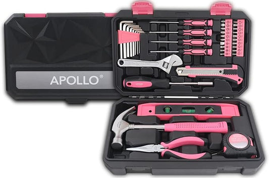 Apollo Tools 39 Piece General Household Tool Set in Toolbox Storage Case with Essential Hand Tools for Everyday Home Repairs, DIY and Crafts - Pink Ribbon - Pink - DT9711P
