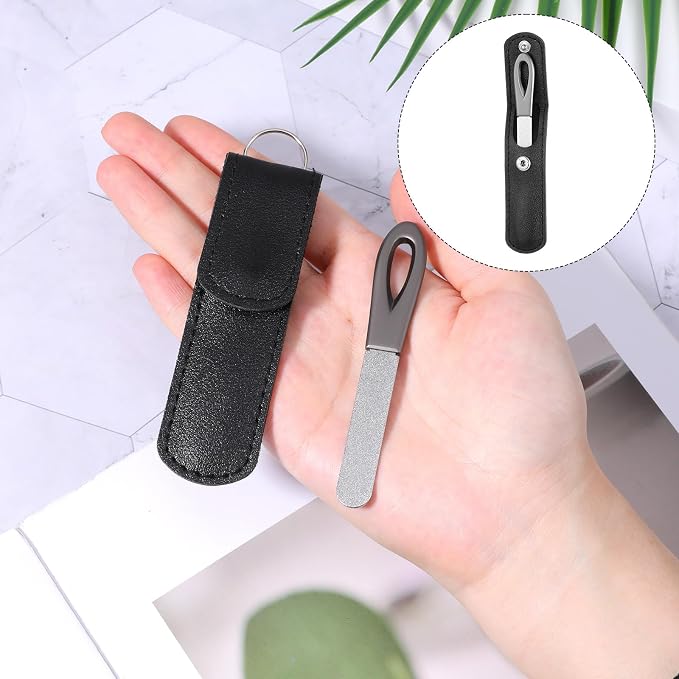 2 Pcs Keychain Nail File, Metal Nail Files with Leather Case, Double Sided Stainless Steel Nails File Round Sapphire Fine Grit Fingernail Files for Men Women Nails Daily Travel Carrying
