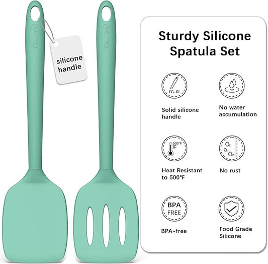 Coukre 2 Pack Silicone Spatula Set, High Heat Resistant, BPA Free Kitchen Spatula, Solid & Slotted Turner for Non-Stick Pans, Sautéing, and Flipping (2, SolidAquaGreen)