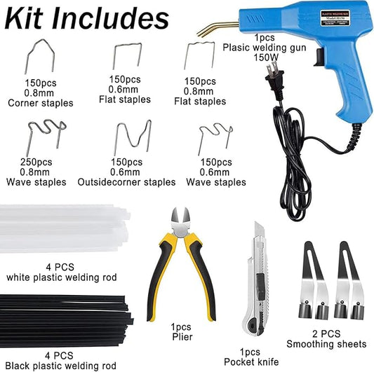 150W Upgraded Plastic Welder Kit,1000PCS Hot Stapler Welding Machine Car Bumper Repair Kit,2 in 1 Plastic Welder Soldering Gun with Weld Rods,6 Types Staples for Bumper/Kayak/Product Repairs