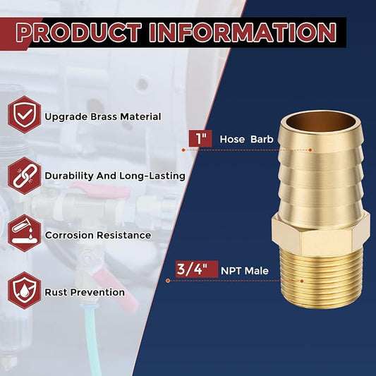 Pack of 6 Brass Hose Barb Fittings Adapter Connector 1" Hose Barb to 3/4" NPT Male Fittings for Home Machines, Massage Bathtubs, and Irrigation Systems