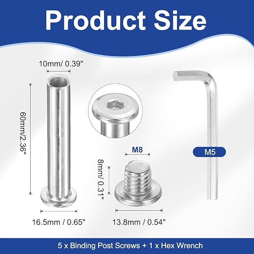 PATIKIL M8x8mm Hex Chicago Screws 10x60mm, 5Pcs 304 Stainless Steel Metric Hex Drive Socket Cap Binding Post Screw Posts for Scrapbook Leather Belt Album Furniture Repair, Silver