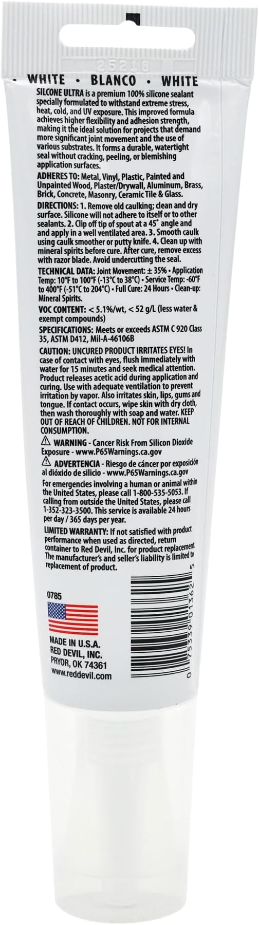 Red Devil 0785 Silicone Ultra 100% RTV Silicone Sealant, 2.8 oz. Tube, White, 12 Pack