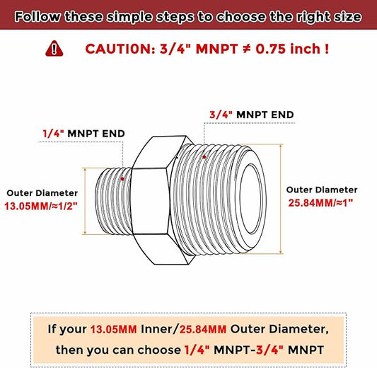Pack of 4, 3/4" MNPT To 1/4" MNPT Solid Brass Hex Nipple Hose Connectors, Male Pipe Adapter for Pipe Leak Repair, Bathroom Remodeling, Tool Extension, Compression