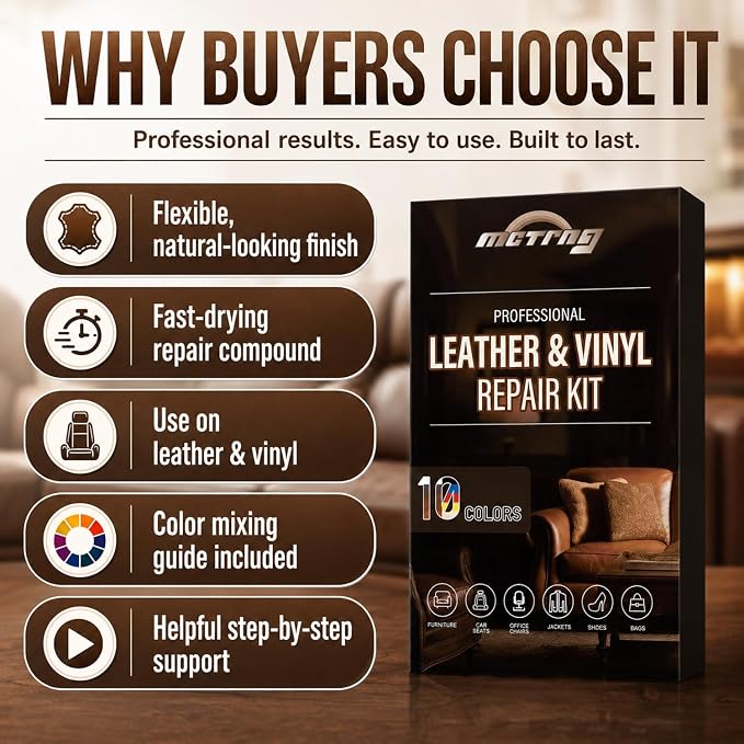 Leather & Vinyl Repair Kit for Car Seat & Interior, Furniture, Couch, Sofa | 10 Colors, No Skills Needed, for Scratch, Tear, Crack, Pet Damage, Hole on Faux Upholstery, Chair, Purse, Shoes, Jacket, RV