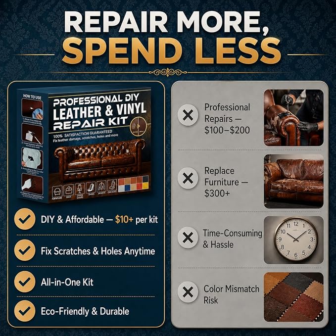 Vigorder Leather Repair Kit for Furniture, Vinyl Repair Kit for Car Interior, Sofa, Purse and Jacket, Restore Any Material with Super Easy Instructions to Fix Scratches, Tears, Holes, Peeling