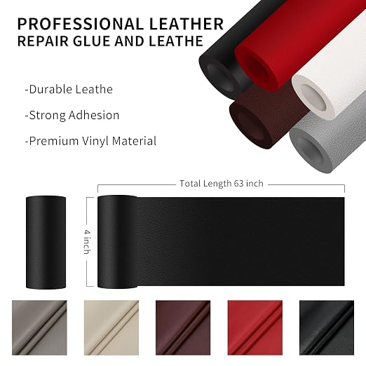 DOCAS Leather Repair Patch Tape Self Adhesive 4x63 inch, Cuttable Leather Repair Tape for Furniture, Vinyl Repair Kit for Car Seats, Upholstery, Couch, Sofa, Bags, Books, Chair, Dark Black