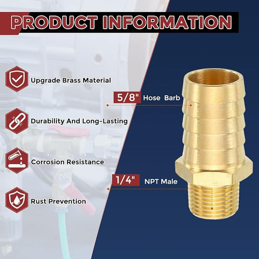 Pack of 2 Brass Hose Barb Fitting 5/8" Barb to 1/4" NPT Male Fittings with 2pcs Hose Clamp for Home Machines, Massage Bathtubs, and Irrigation Systems