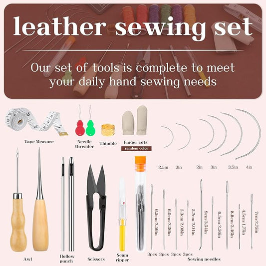 MORFEN Leather Sewing Kit Upholstery Repair Kit Leather Stitching Kit with Hole Punch, Waxed Thread, Sewing Awl, Upholstery Needles, Leatherworking Tools for Hand Stitching Furniture, Car, Sofa