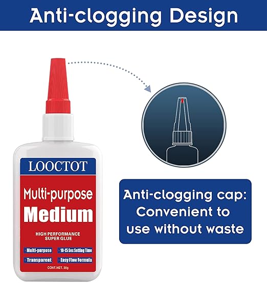 LOOCTOT 60g(2.12 oz) Medium CA Glue Premium Adhesive. All Purpose,Quick Drying Super Glue, for Wood, Metal, Model Kit, Home Repair, DIY.Quick-Dry Waterproof Clear