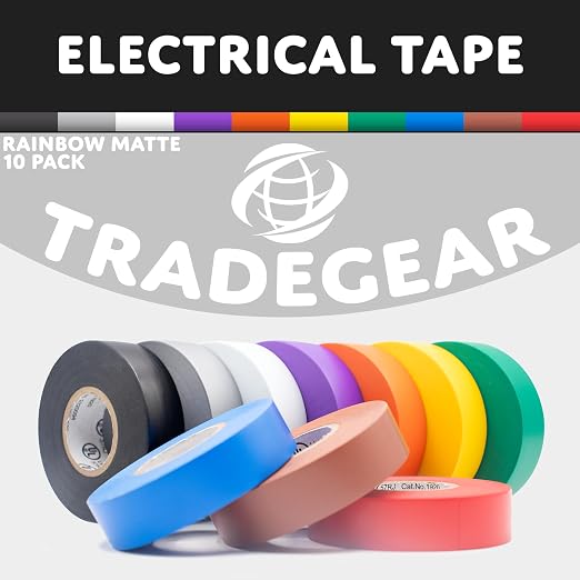 TradeGear Electrical Tape (10PK) Assorted Matte Rainbow Colors – Waterproof, Flame-Retardant, Rubber Based Adhesive, UL Listed – Rated for Max. 600V and 80oC Use –Measures 60’ x 3/4" x 0.07"