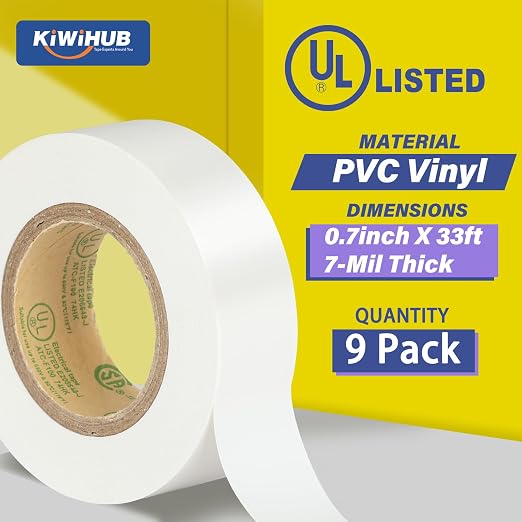 White Electrical Tape, UL Approved, 9 Pack 0.7in X 33ft, Industrial Grade Electrical Tape, Multipurpose Electric Tape for Wrapping Wiring Harness, Electric Insulating