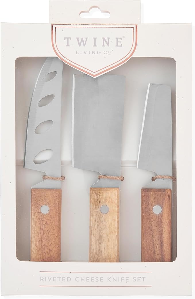 Twine Rustic Cheese Knife Set - Stainless Steel Knife Set - Charcuterie Tools Cheese Board Accessories - Stainless Steel and Wood, Set of 3