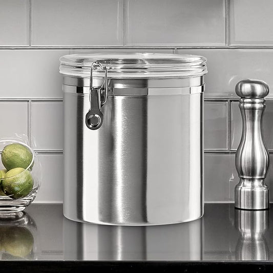Oggi Stainless Steel Kitchen Canister 152 fl oz - Airtight Clamp Lid, Clear See-Thru Top - Ideal for Kitchen Storage, Food Storage, Pantry Storage. Jumbo Size 8" x 8".