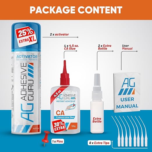 Adhesive Guru CA Glue with Activator Kit (4x4.5 oz + 2x16.9 fl.oz) Professional Cyanoacrylate Adhesive and Super Glue Accelerator for Woodworking with Extra Caps&Microtips, DIY&Craft, Plastic, Repair